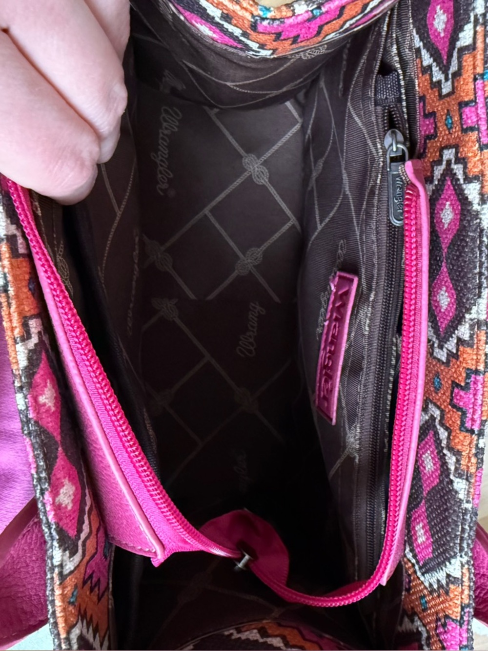 Wrangler Women's Southwestern Print Canvas Crossbody Tote Bag - Hot Pink/Brown - Picture 12 of 12